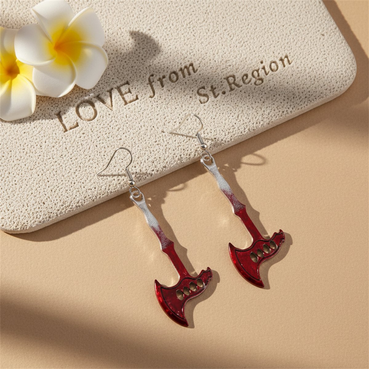 Red Enamel and Silver-Plated Axe Drop Earring, silver drop earrings for women, vintage-inspired design, lifestyle look