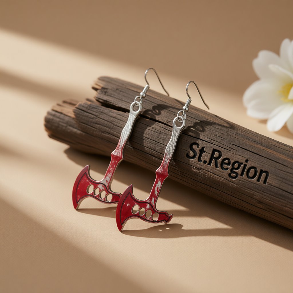 Red Enamel and Silver-Plated Axe Drop Earring, silver drop earrings for women, vintage-inspired design, front view