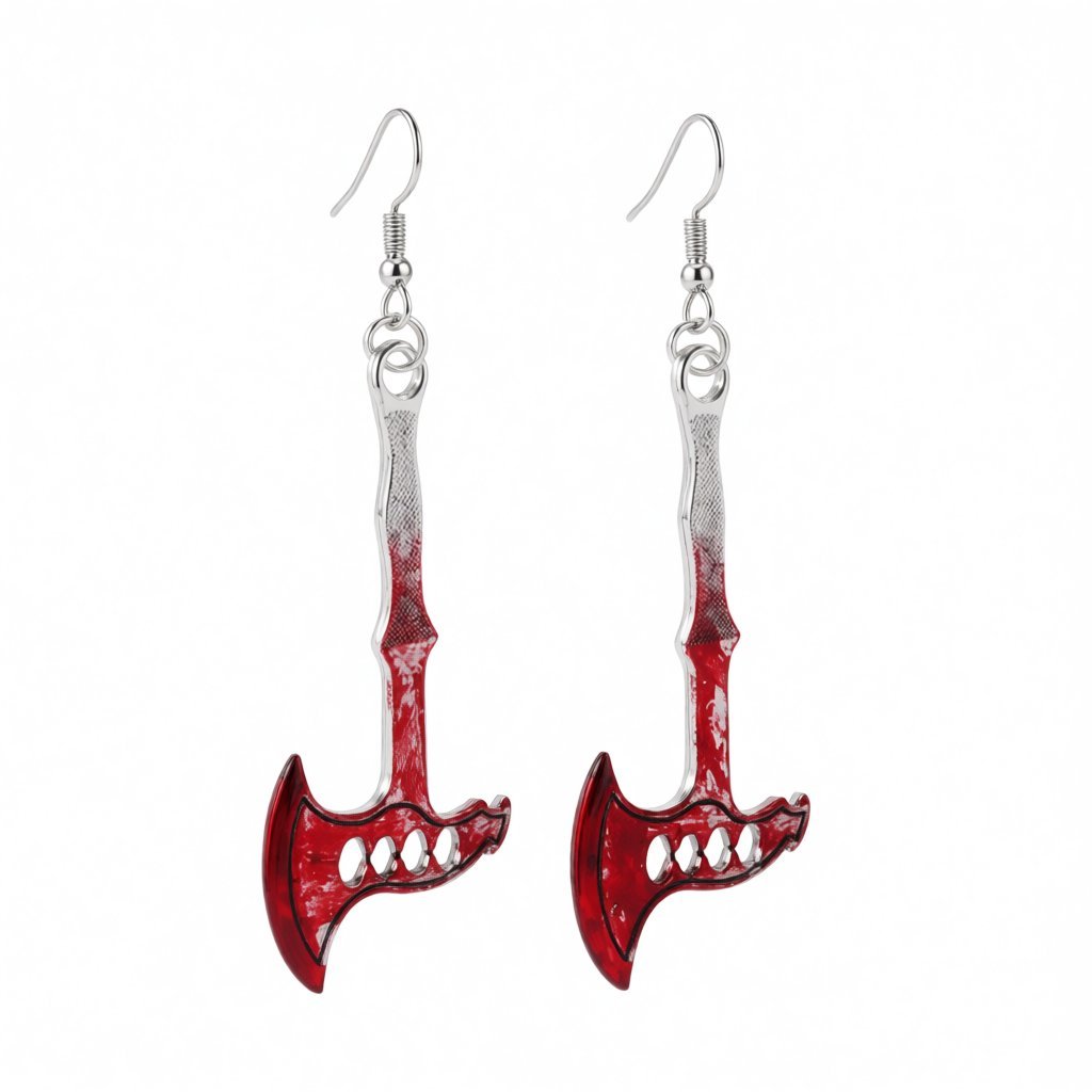 Red Enamel and Silver-Plated Axe Drop Earring, silver drop earrings for women, vintage-inspired design, side view