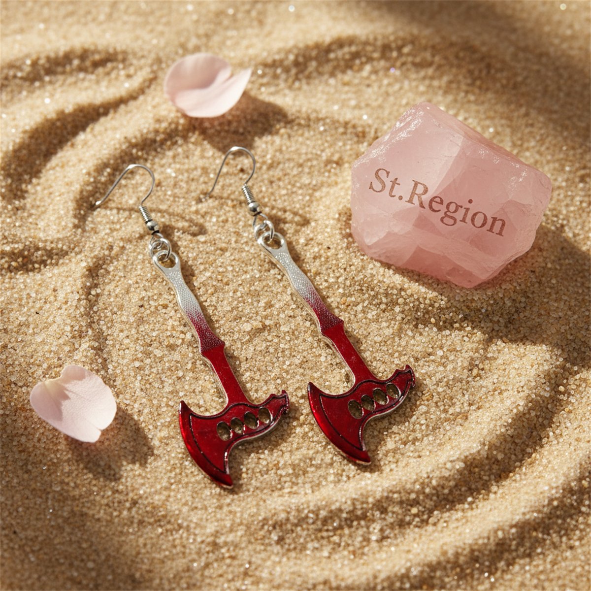 Red Enamel and Silver-Plated Axe Drop Earring, silver drop earrings for women, vintage-inspired design, detail close-up