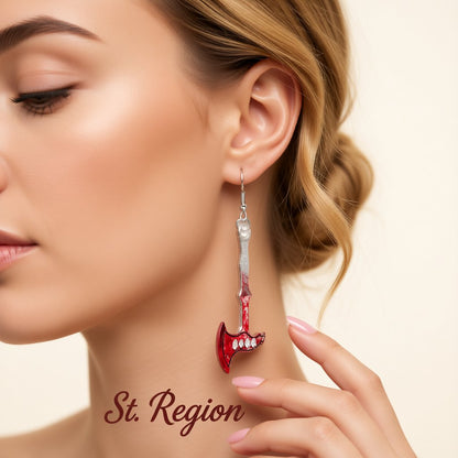 Red Enamel and Silver-Plated Axe Drop Earring, silver drop earrings for women, vintage-inspired design, styled look