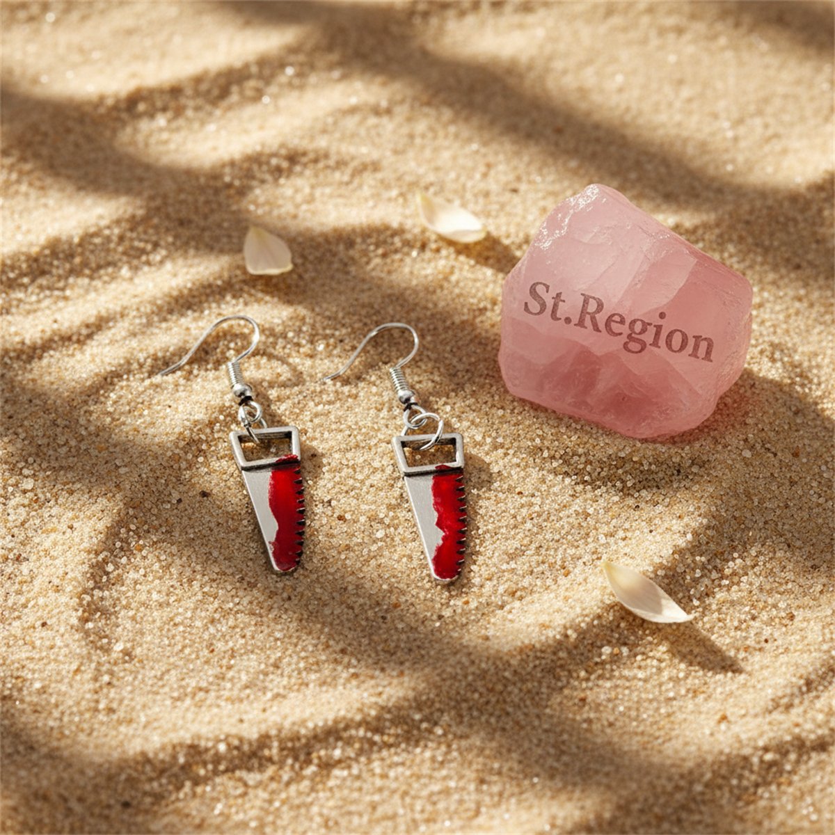 Red Enamel and Silver-Plated Saw Drop Earring, silver drop earrings for women, dainty minimalist design, detail close-up