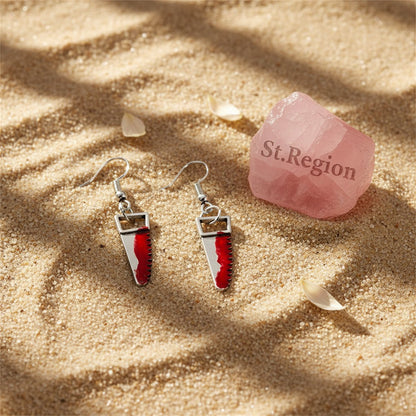 Red Enamel and Silver-Plated Saw Drop Earring, silver drop earrings for women, dainty minimalist design, detail close-up