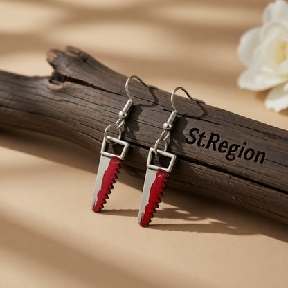 Red Enamel and Silver-Plated Saw Drop Earring, silver drop earrings for women, dainty minimalist design, front view