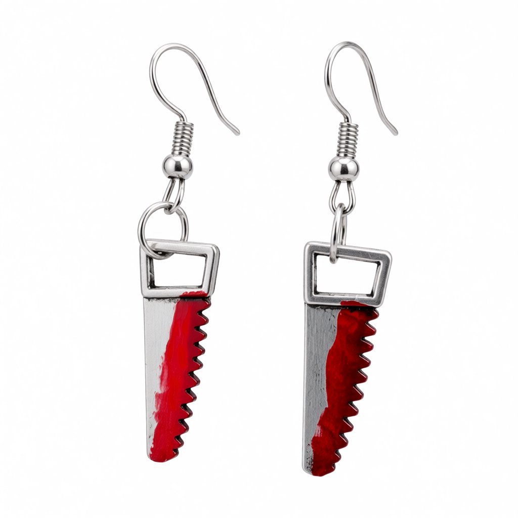 Red Enamel and Silver-Plated Saw Drop Earring, silver drop earrings for women, dainty minimalist design, side view