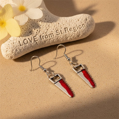 Red Enamel and Silver-Plated Saw Drop Earring, silver drop earrings for women, dainty minimalist design, lifestyle look