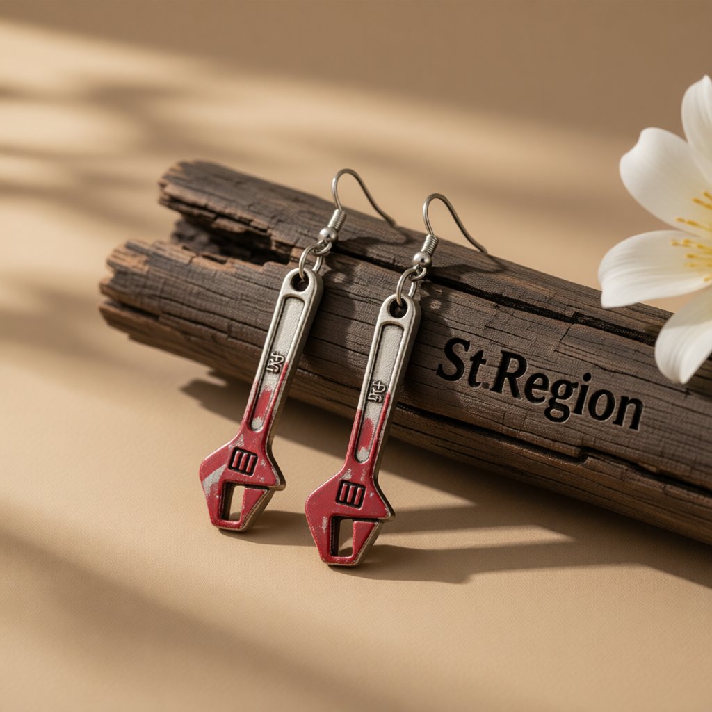 Red Enamel and Silver-Plated Spanner Drop Earrings, silver drop earrings for women, vintage-inspired design, front view