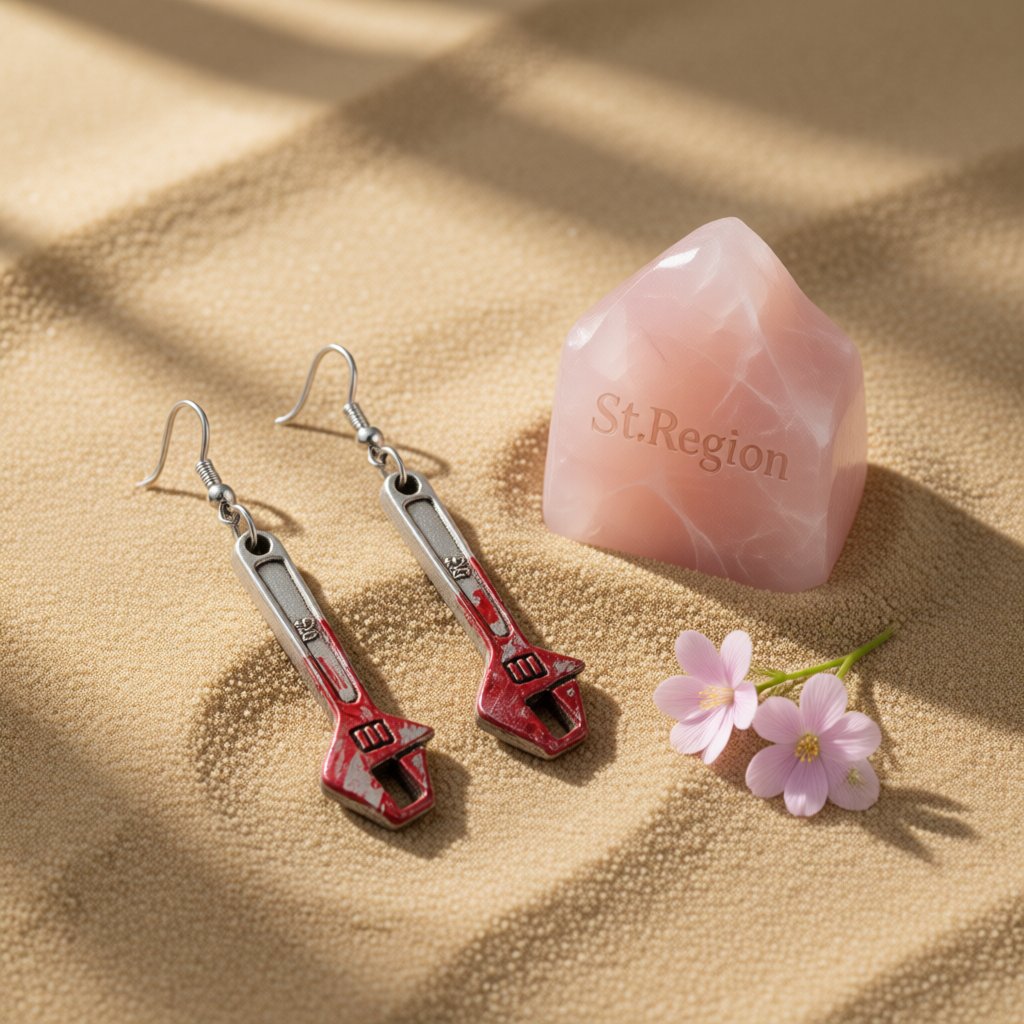 Red Enamel and Silver-Plated Spanner Drop Earrings, silver drop earrings for women, vintage-inspired design, detail close-up