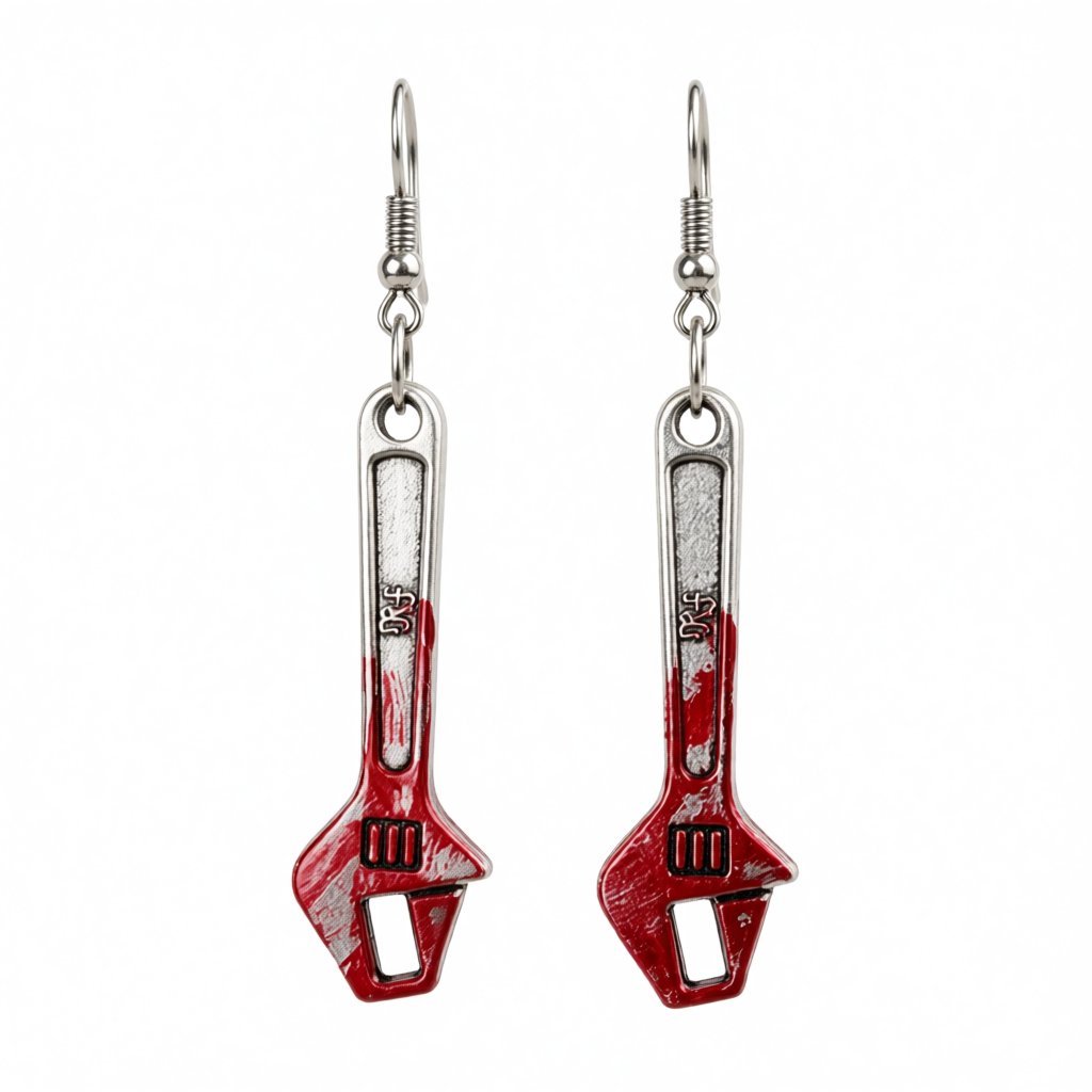 Red Enamel and Silver-Plated Spanner Drop Earrings, silver drop earrings for women, vintage-inspired design, side view