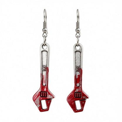 Red Enamel and Silver-Plated Spanner Drop Earrings, silver drop earrings for women, vintage-inspired design, side view