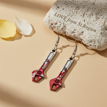 Red Enamel and Silver-Plated Spanner Drop Earrings, silver drop earrings for women, vintage-inspired design, lifestyle look