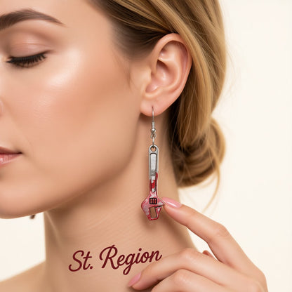 Red Enamel and Silver-Plated Spanner Drop Earrings, silver drop earrings for women, vintage-inspired design, styled look