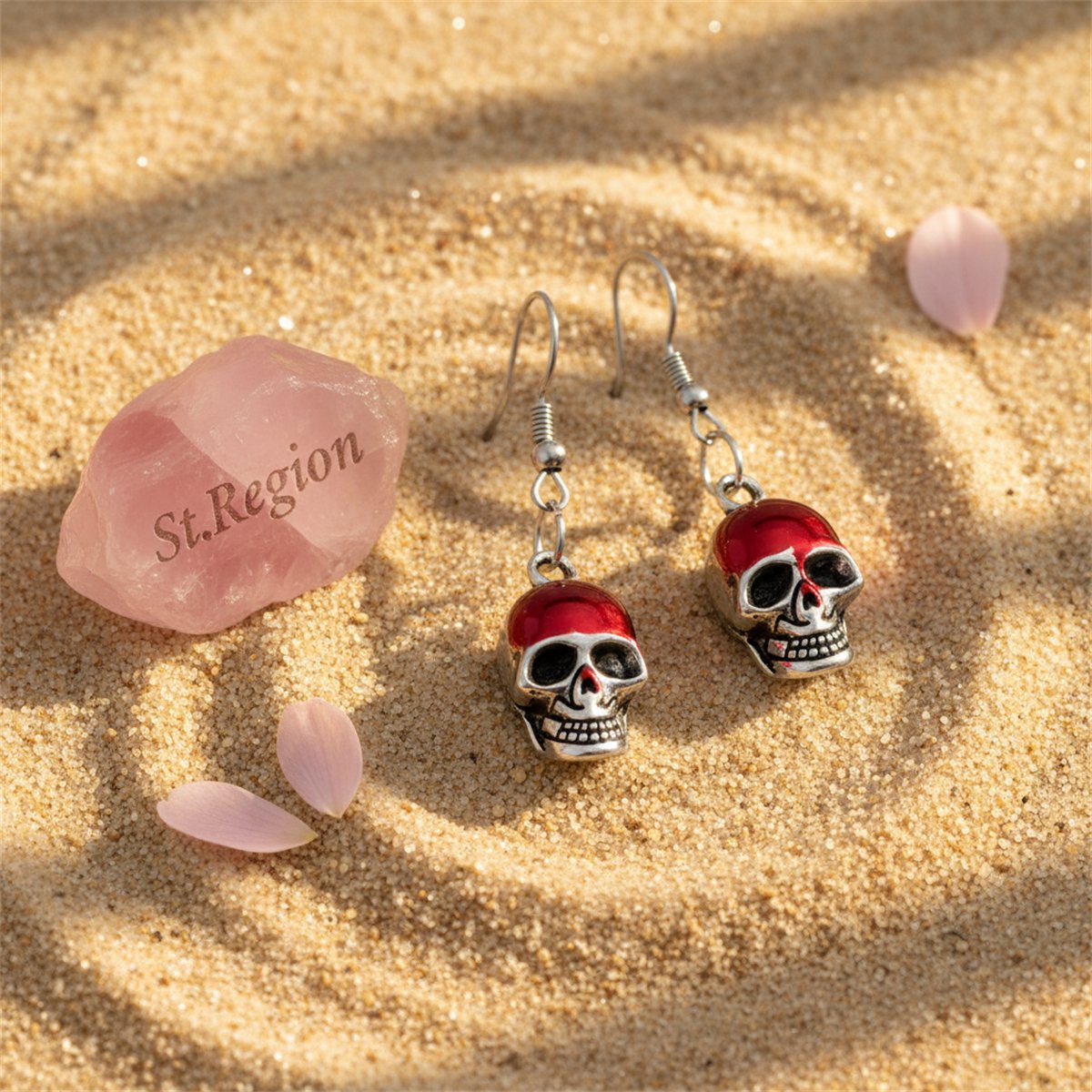 Red Enamel and Silver-Plated Skull Drop Earrings, silver drop earrings for women, botanical inspired, detail close-up