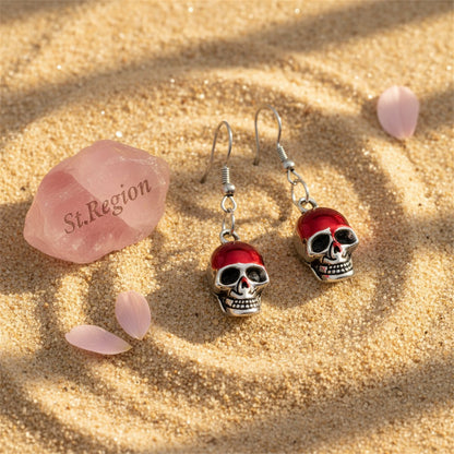 Red Enamel and Silver-Plated Skull Drop Earrings, silver drop earrings for women, botanical inspired, detail close-up