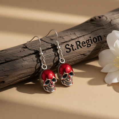 Red Enamel and Silver-Plated Skull Drop Earrings, silver drop earrings for women, botanical inspired, front view