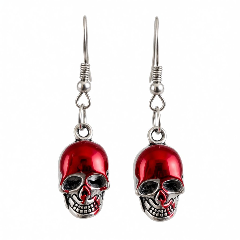 Red Enamel and Silver-Plated Skull Drop Earrings, silver drop earrings for women, botanical inspired, side view