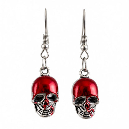 Red Enamel and Silver-Plated Skull Drop Earrings, silver drop earrings for women, botanical inspired, side view