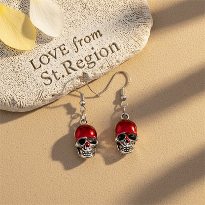 Red Enamel and Silver-Plated Skull Drop Earrings, silver drop earrings for women, botanical inspired, lifestyle look