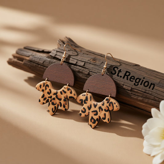 Brown Wood and Orange Polystyrene 18K Gold-Plated Leopard Floral Drop Earrings, gold drop earrings for women, front view