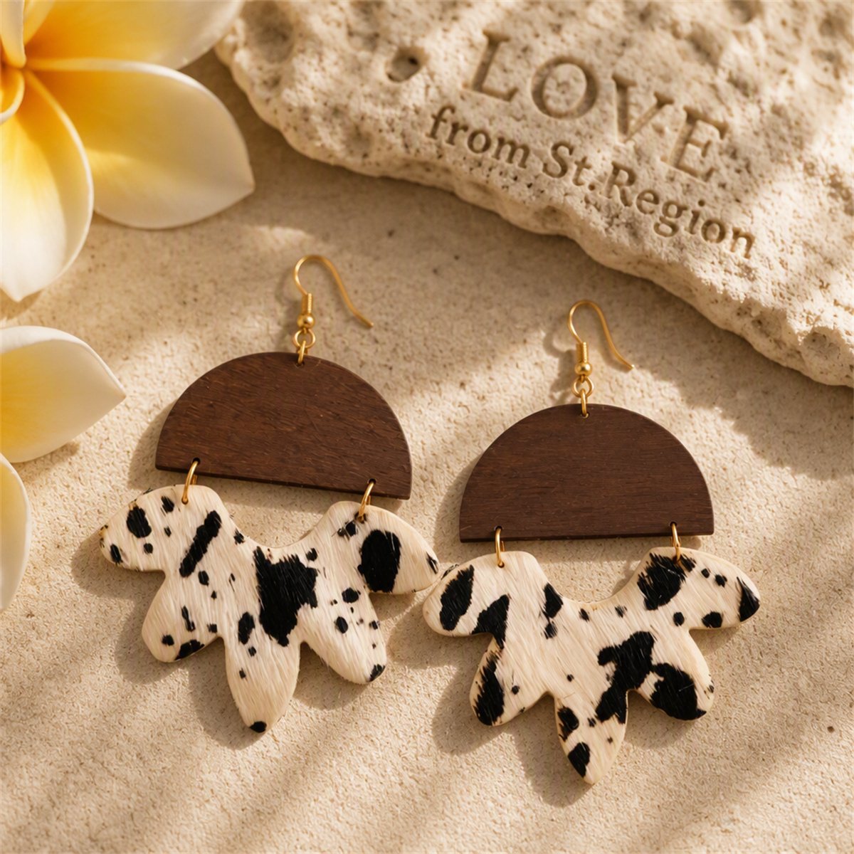 White and Wood 18K Gold-Plated Cow-Print Flower Drop Earrings, gold drop earrings for women, lifestyle look