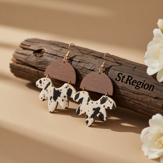 White and Wood 18K Gold-Plated Cow-Print Flower Drop Earrings, gold drop earrings for women, elegant gift for her, front view
