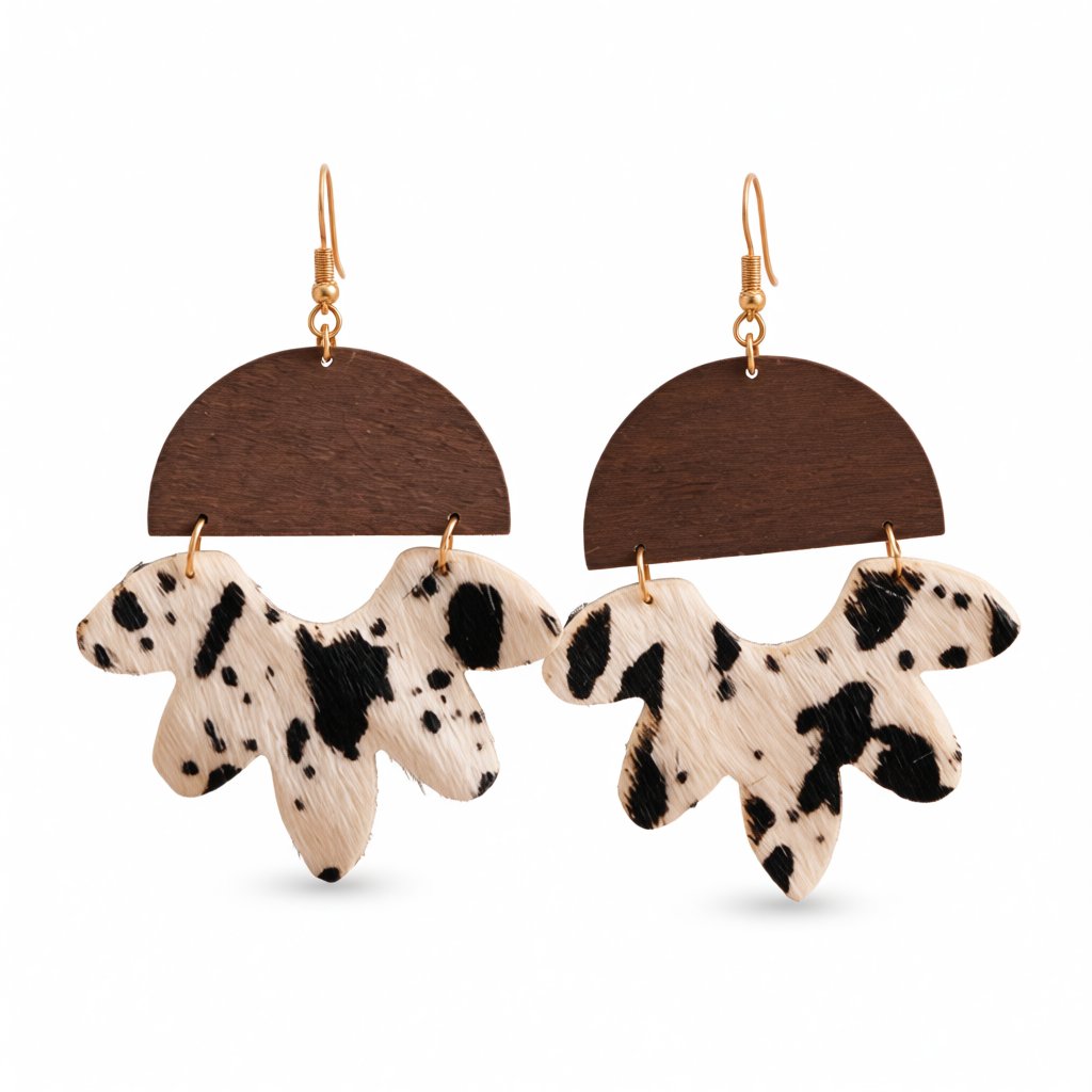 White and Wood 18K Gold-Plated Cow-Print Flower Drop Earrings, gold drop earrings for women, elegant gift for her, side view