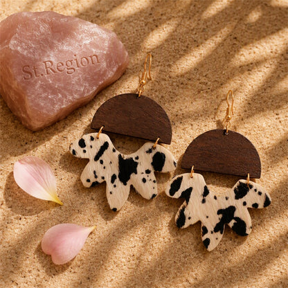 White and Wood 18K Gold-Plated Cow-Print Flower Drop Earrings, gold drop earrings for women, detail close-up