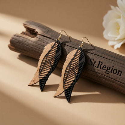 Black Polymer Clay and 18K Gold-Plated Leaves Drop Earrings, gold drop earrings for women, elegant gift for her, front view