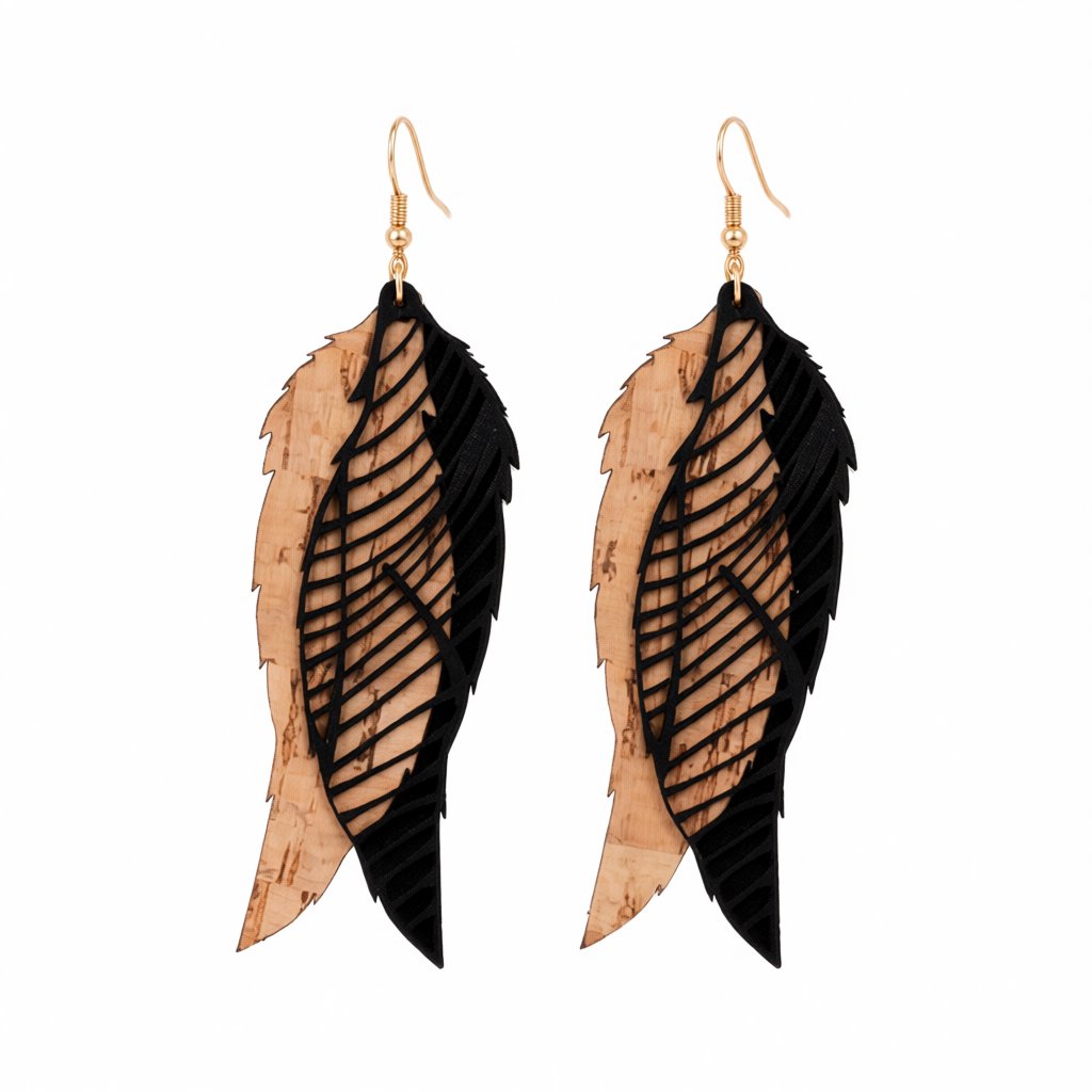 Black Polymer Clay and 18K Gold-Plated Leaves Drop Earrings, gold drop earrings for women, elegant gift for her, side view