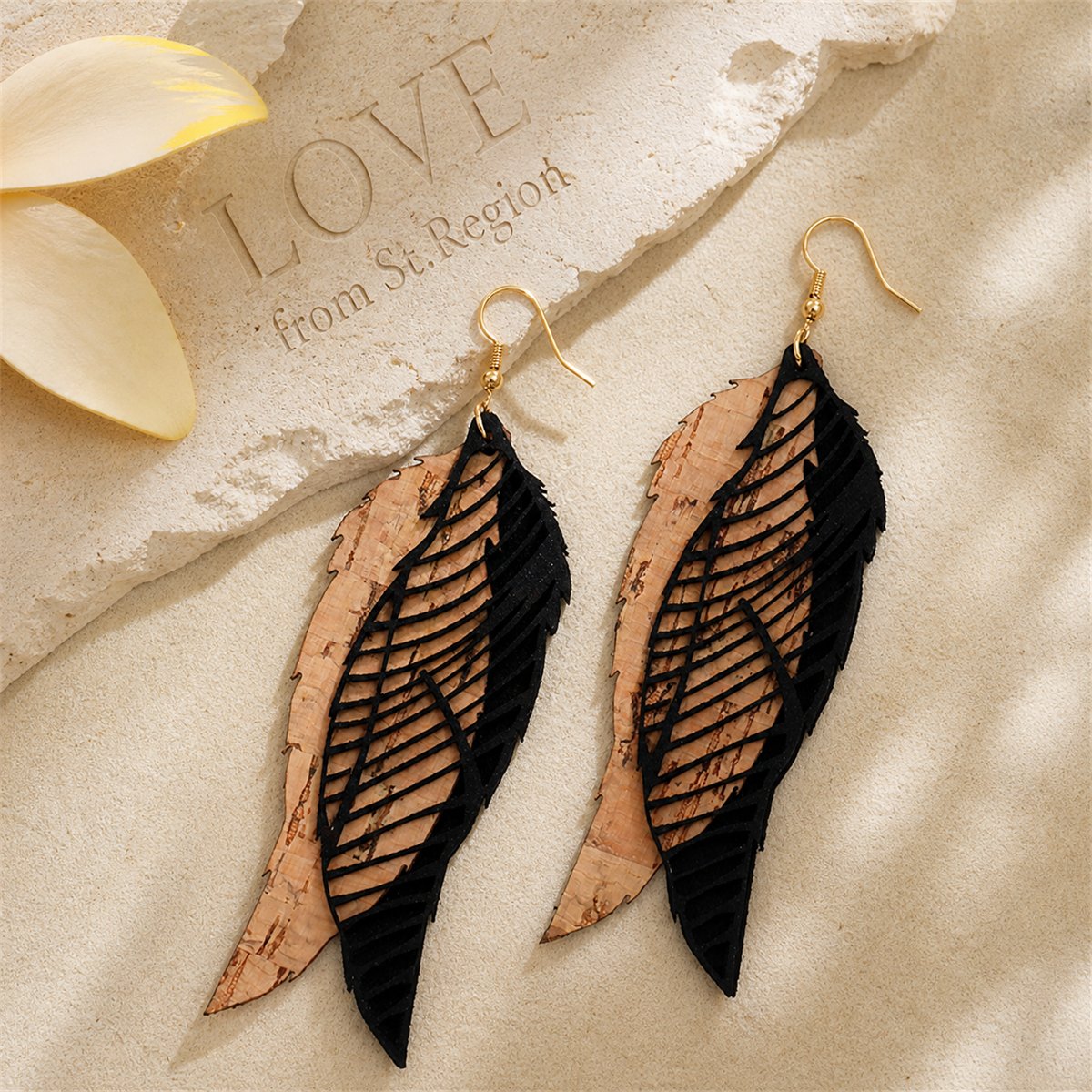 Black Polymer Clay and 18K Gold-Plated Leaves Drop Earrings, gold drop earrings for women, lifestyle look