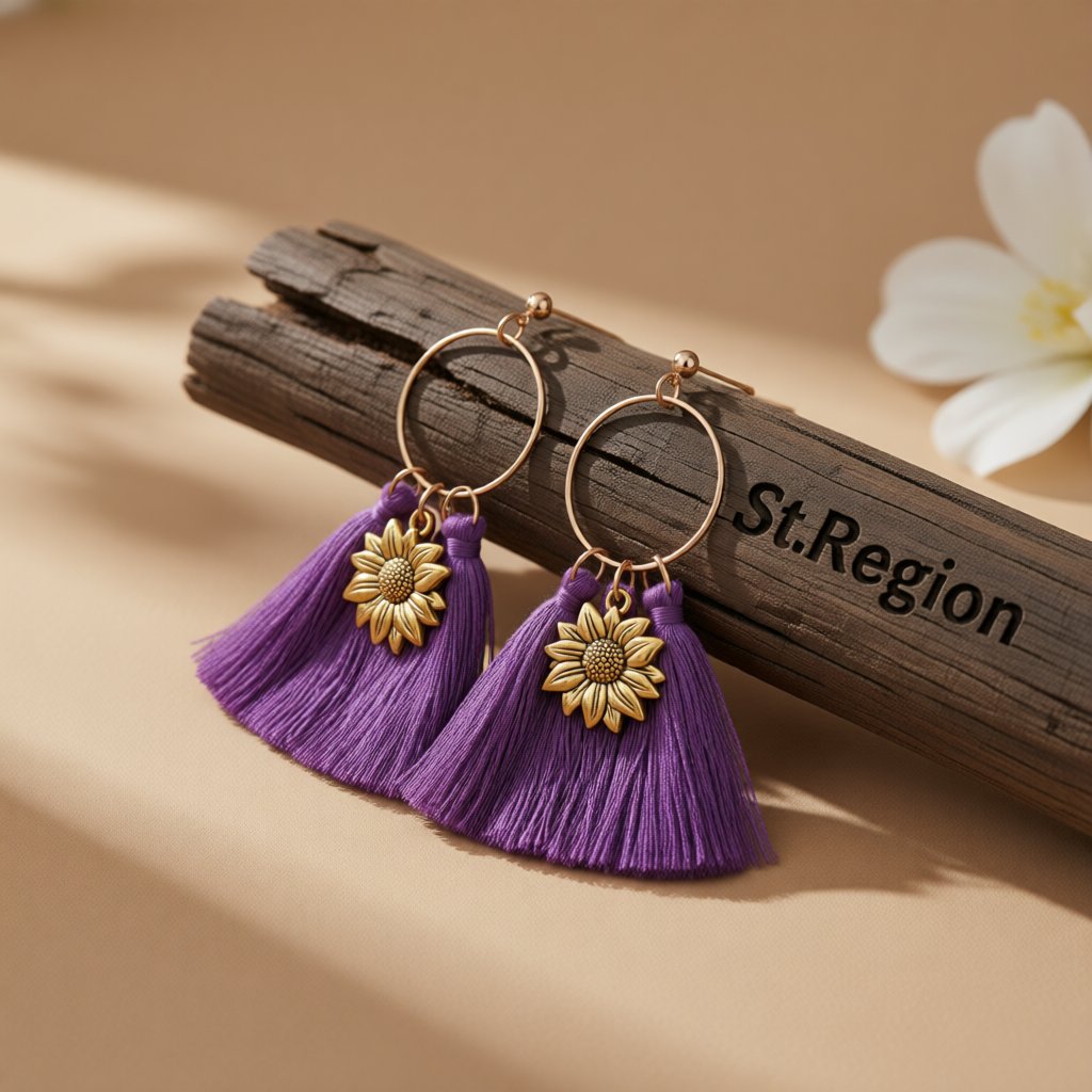 Navy Polyster and 18K Gold-Plated Sunflower Tassel Drop Earrings, gold drop earrings for women, front view