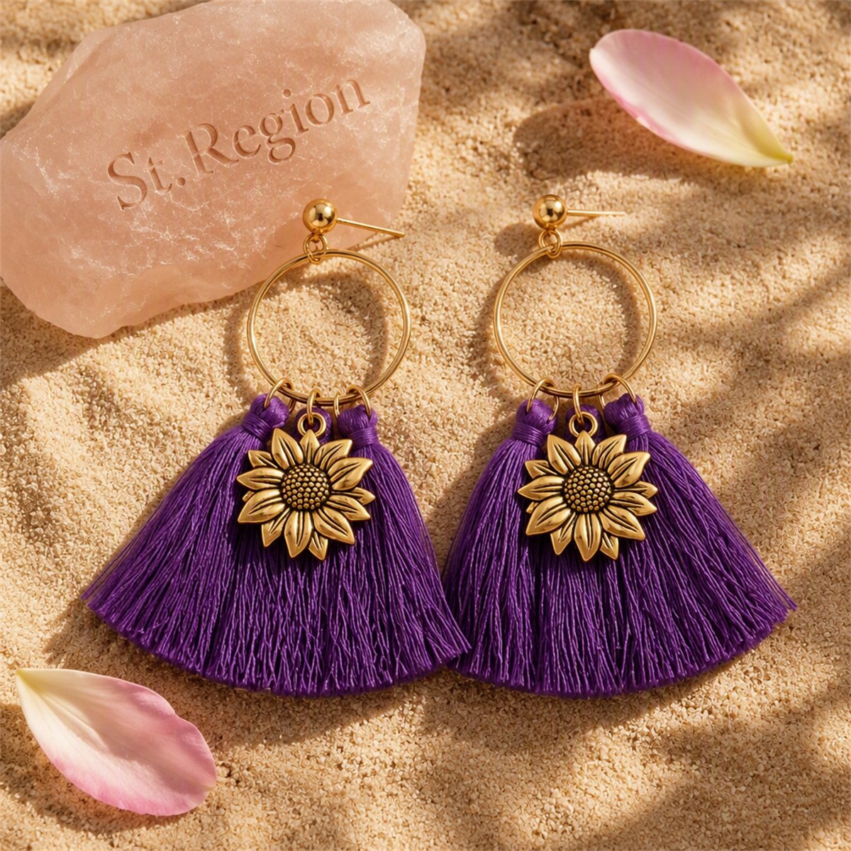 Navy Polyster and 18K Gold-Plated Sunflower Tassel Drop Earrings, gold drop earrings for women, detail close-up