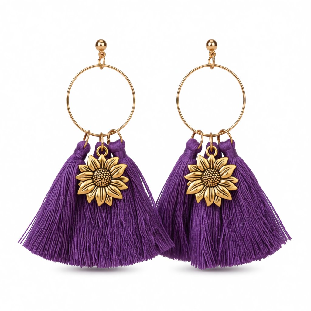 Navy Polyster and 18K Gold-Plated Sunflower Tassel Drop Earrings, gold drop earrings for women, botanical inspired, side view