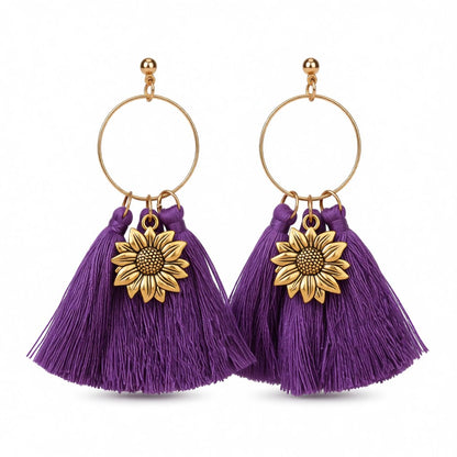 Navy Polyster and 18K Gold-Plated Sunflower Tassel Drop Earrings, gold drop earrings for women, botanical inspired, side view