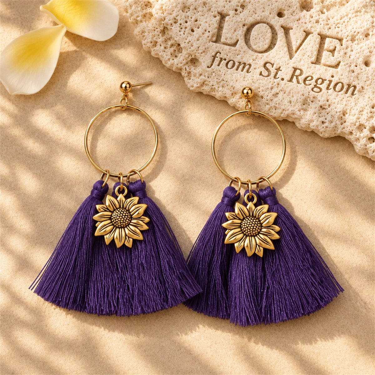 Navy Polyster and 18K Gold-Plated Sunflower Tassel Drop Earrings, gold drop earrings for women, lifestyle look