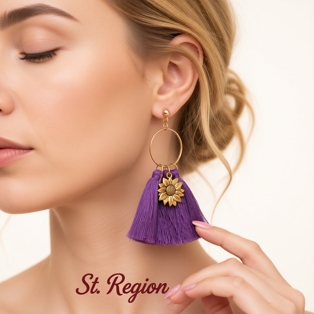 Navy Polyster and 18K Gold-Plated Sunflower Tassel Drop Earrings, gold drop earrings for women, styled look