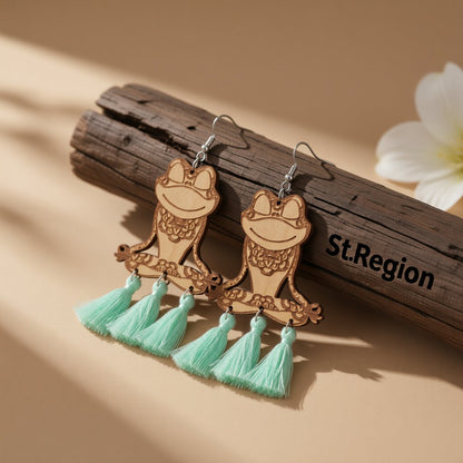 Teal and Brown Wood Tassel-Accent Frog Drop Earrings, drop earrings for women, dainty minimalist design, front view