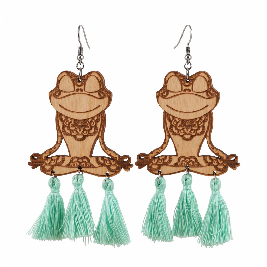 Teal and Brown Wood Tassel-Accent Frog Drop Earrings, drop earrings for women, dainty minimalist design, side view