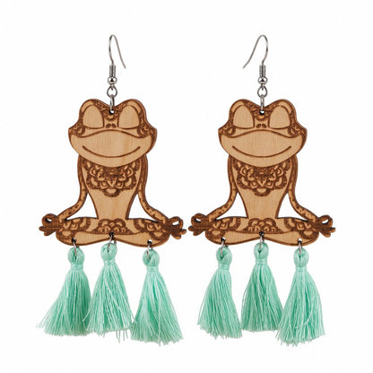 Teal and Brown Wood Tassel-Accent Frog Drop Earrings, drop earrings for women, dainty minimalist design, side view
