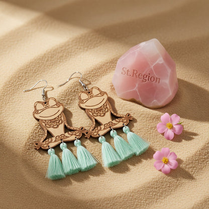 Teal and Brown Wood Tassel-Accent Frog Drop Earrings, drop earrings for women, dainty minimalist design, detail close-up