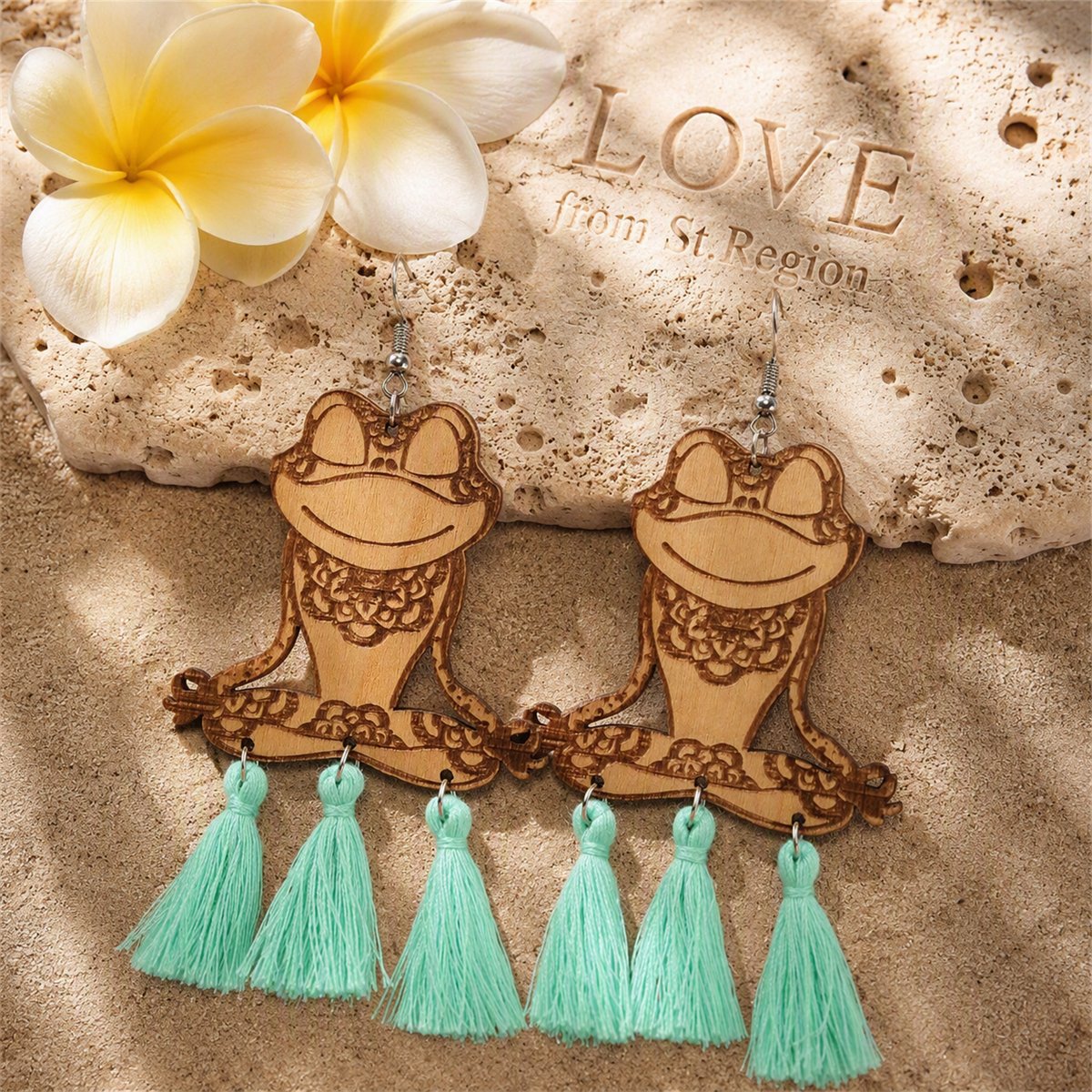 Teal and Brown Wood Tassel-Accent Frog Drop Earrings, drop earrings for women, dainty minimalist design, lifestyle look