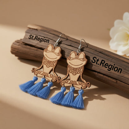 Blue Polyester and Wood Frog Tassel Drop Earrings, drop earrings for women, elegant gift for her, front view