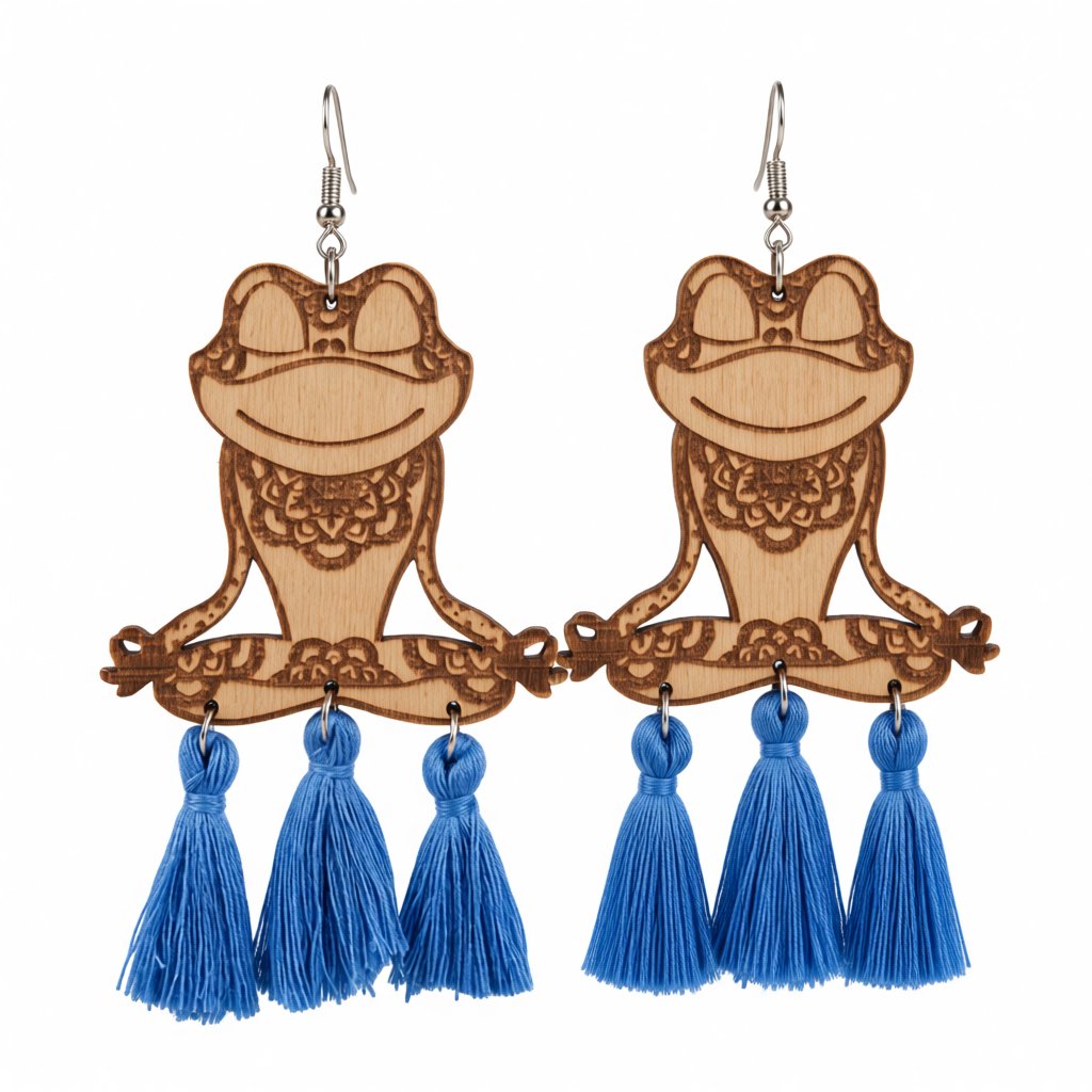 Blue Polyester and Wood Frog Tassel Drop Earrings, drop earrings for women, elegant gift for her, side view