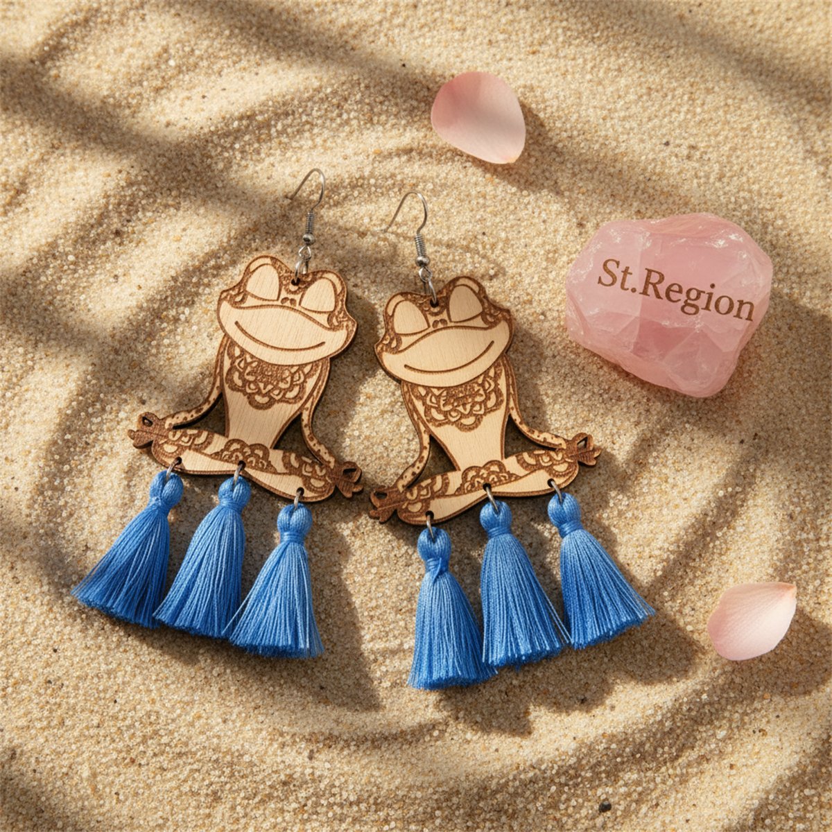 Blue Polyester and Wood Frog Tassel Drop Earrings, drop earrings for women, elegant gift for her, detail close-up