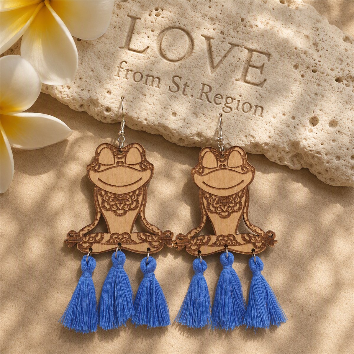 Blue Polyester and Wood Frog Tassel Drop Earrings, drop earrings for women, elegant gift for her, lifestyle look