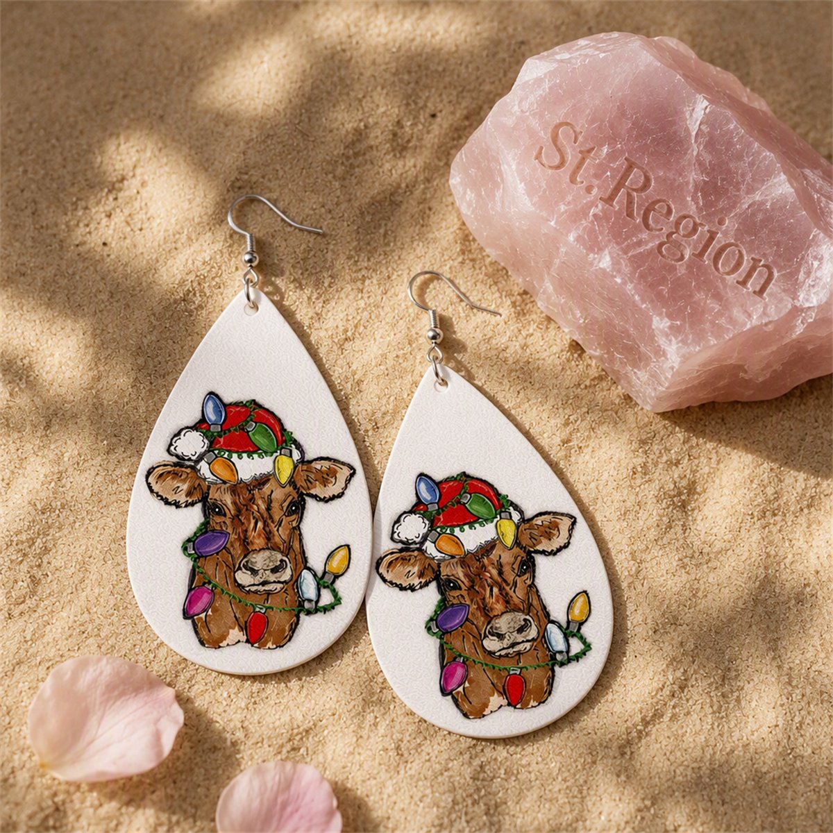 Red Polystyrene and Silver-Plated Holiday Lights Cow Drop Earrings, silver drop earrings for women, detail close-up