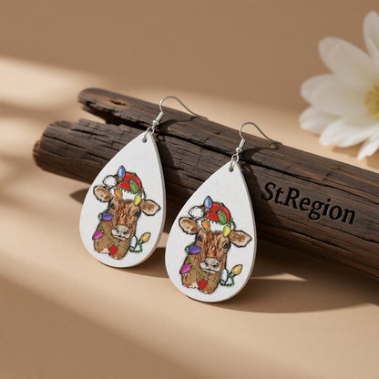 Red Polystyrene and Silver-Plated Holiday Lights Cow Drop Earrings, silver drop earrings for women, front view