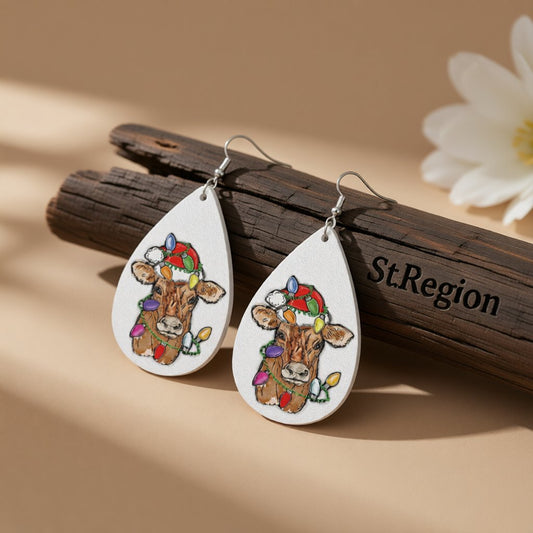 Red Polystyrene and Silver-Plated Holiday Lights Cow Drop Earrings, silver drop earrings for women, front view