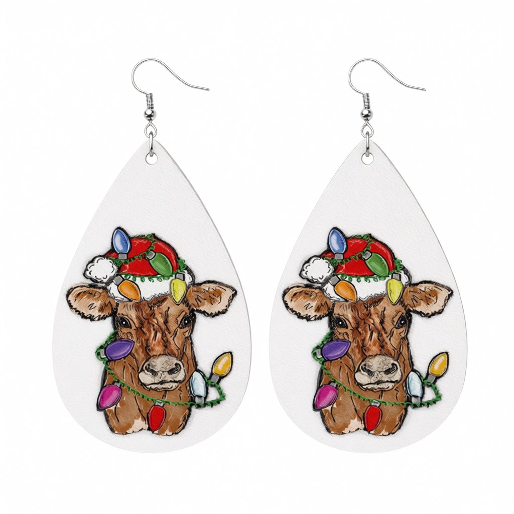 Red Polystyrene and Silver-Plated Holiday Lights Cow Drop Earrings, silver drop earrings for women, side view