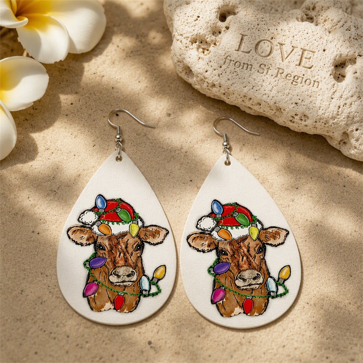 Red Polystyrene and Silver-Plated Holiday Lights Cow Drop Earrings, silver drop earrings for women, lifestyle look